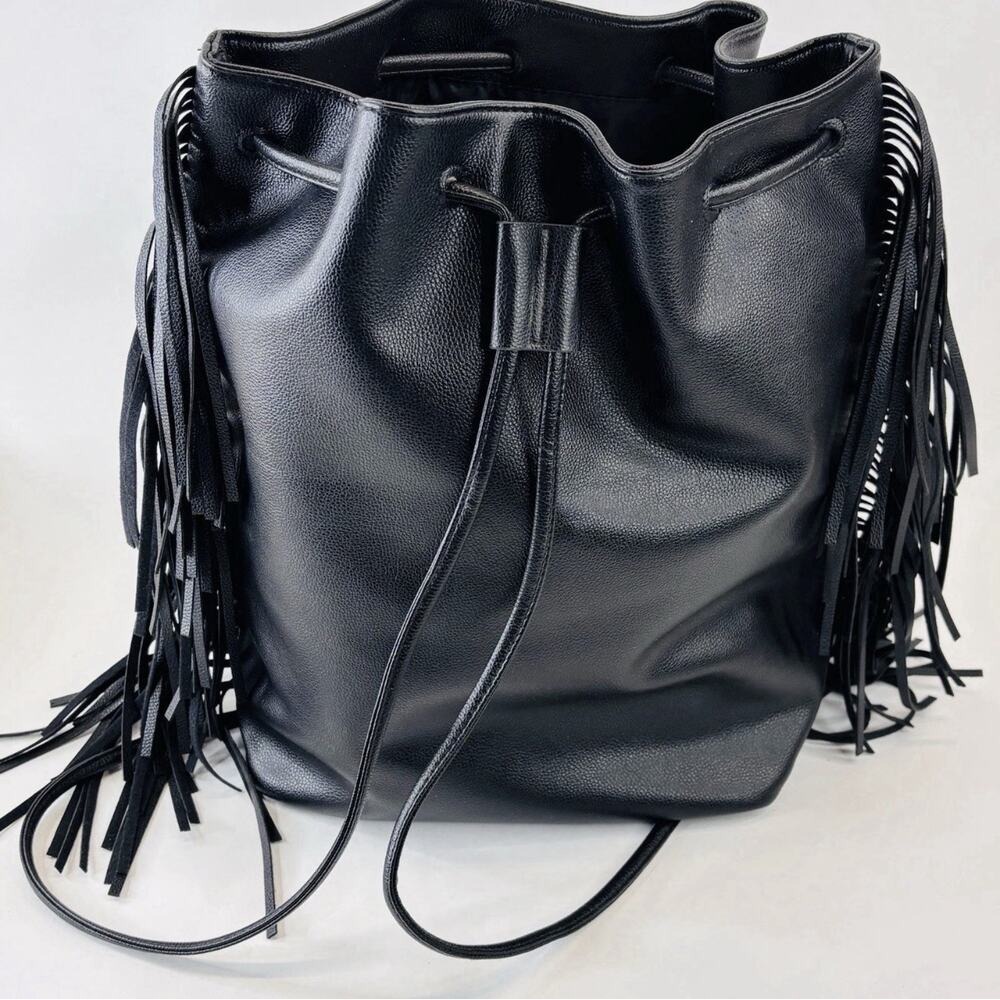 Victoria Secret Backpack Black Drawstring Bucket Bag Fringe Purse $85 MSRP New